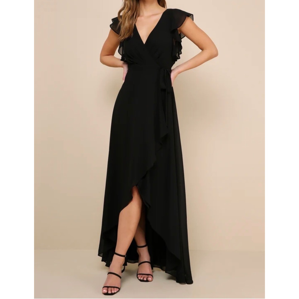 Lulus Ravishing Charm Black Ruffled Wrap High-Low Maxi Dress Size M flaw